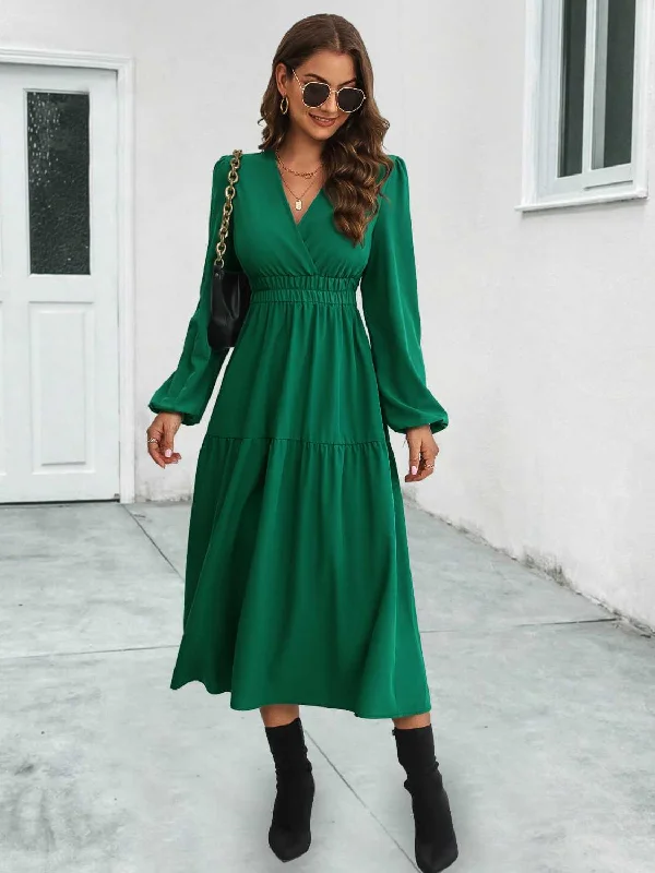 Year-End Clearance casual knit dressSurplice Neck Long Sleeve Midi Dress
