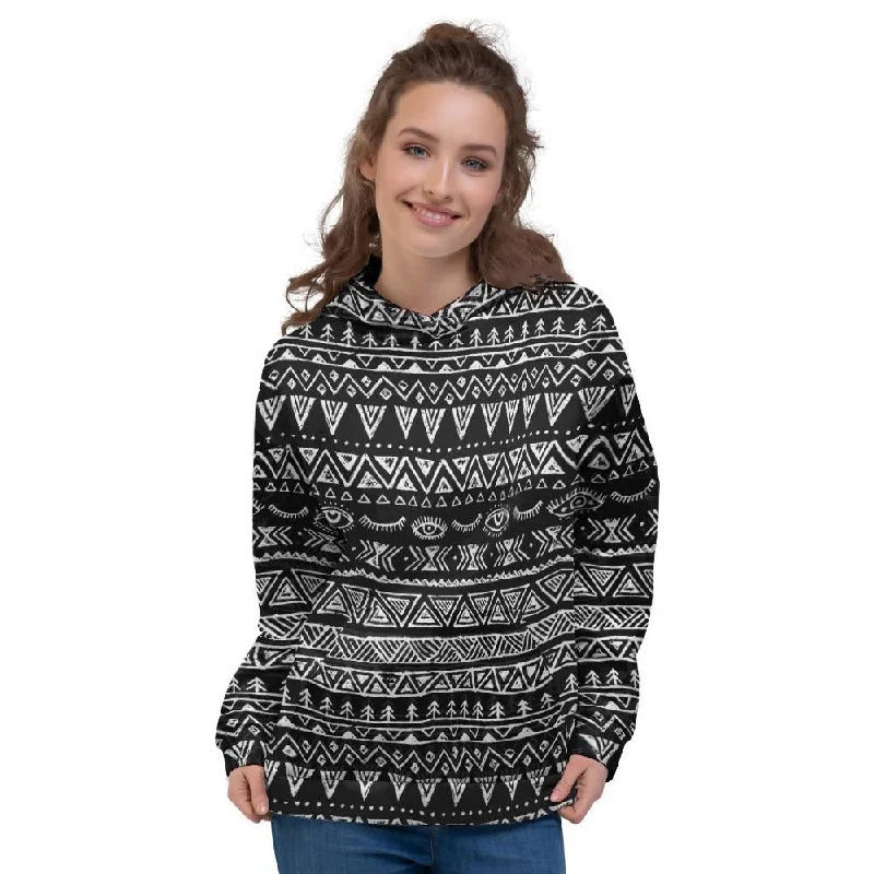 Discount Deals Black And White Doodle Tribal Aztec Print Women's Hoodie