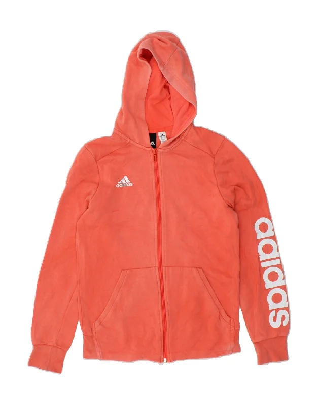 Can't Be Beat ADIDAS Girls Graphic Zip Hoodie Sweater 13-14 Years Orange Polyester