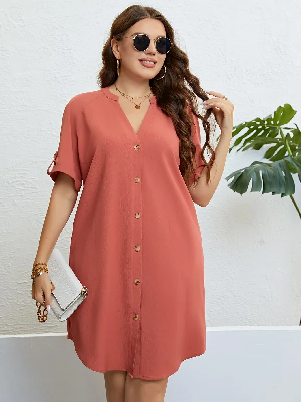 Act Now fitted cocktail dressPlus Size Buttoned Notched Neck Shift Dress