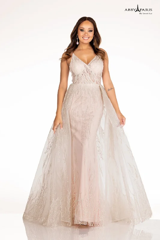 Limited Time Offer sleek dressAbby Paris 90091 Size 4 Ivory/Blush Long Glitter Column Prom Dress overskirt sheer bodice Pageant Gown