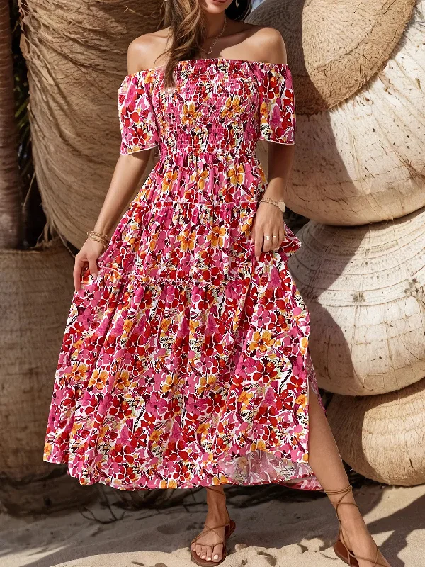 Huge Discounts wool dressSlit Floral Off-Shoulder Short Sleeve Dress