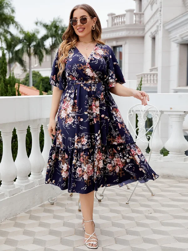 Special Savings elegant maxi dressPlus Size Floral Surplice Neck Midi Dress