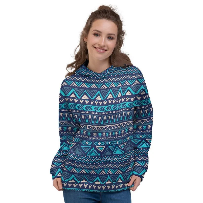 Shop and Save Blue Tribal Aztec Hand Drawn Women's Hoodie