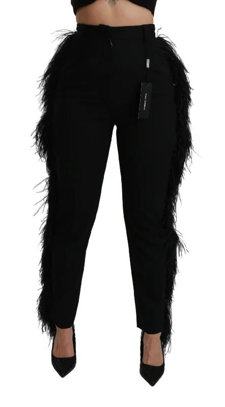 Midnight Madness chic lightweight jacketDolce & Gabbana Black Feather Straight High Waist Wool Women's Pants