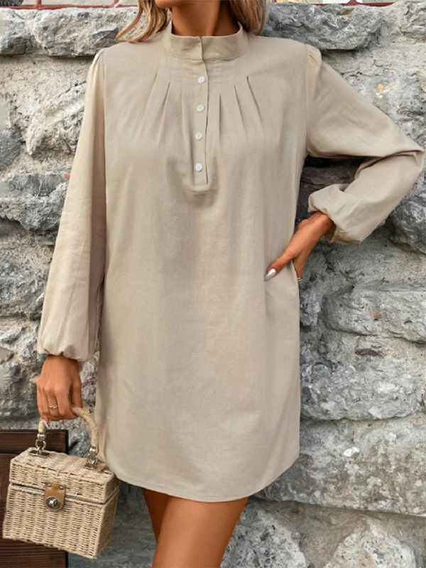 Super Sale relaxed fit dressHalf Button Mock Neck Long Sleeve Mini Shirt Dress