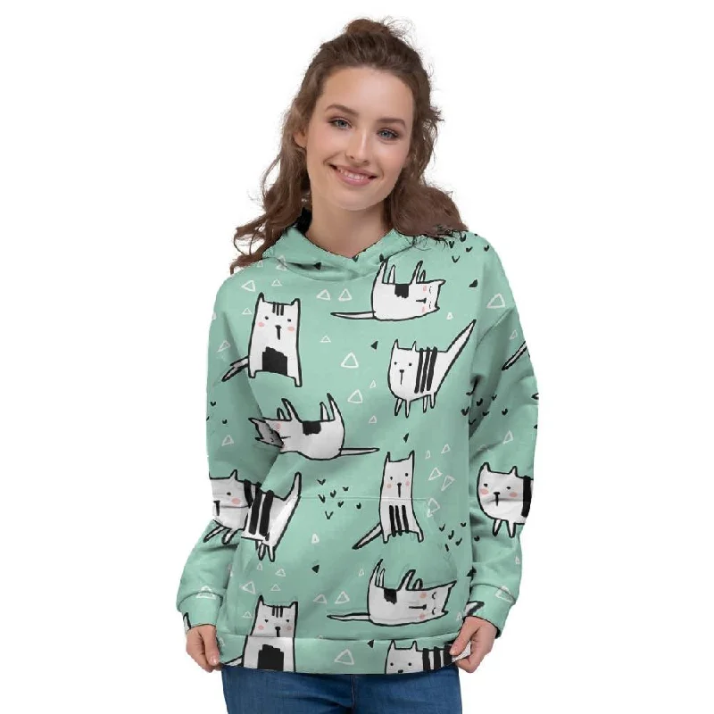 Instant Discount Cute Green Doodle Cat Print Women's Hoodie