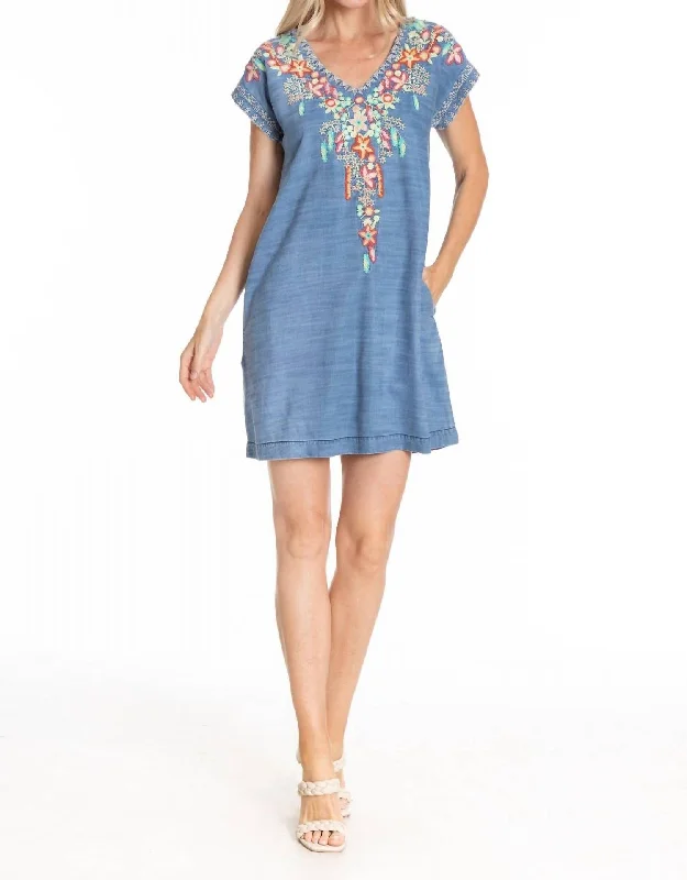 Mega Sale playful dressFloral Embroidered V-Neck Dress In Indigo