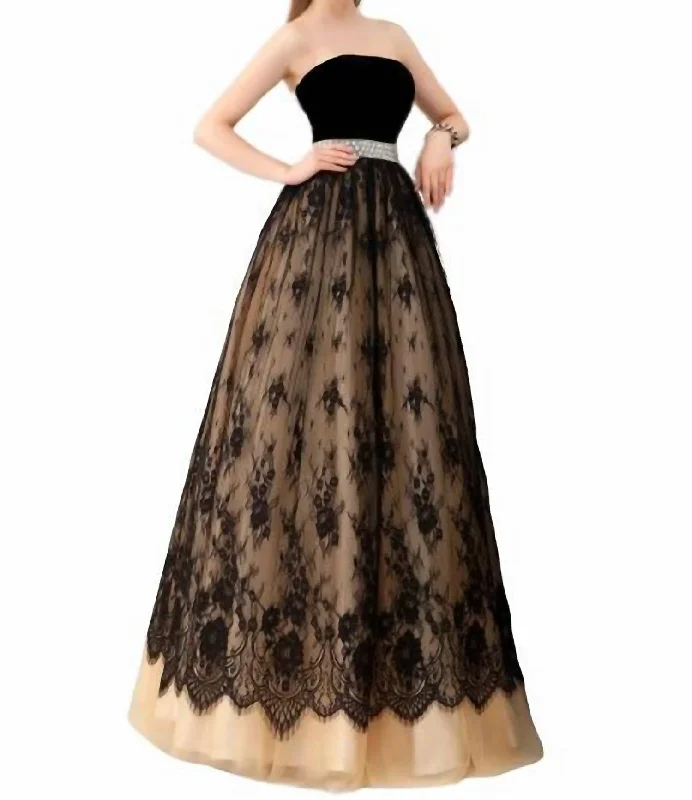 Act Fast fitted dressStrapless Velvet And Tulle Ballgown In Black/nude
