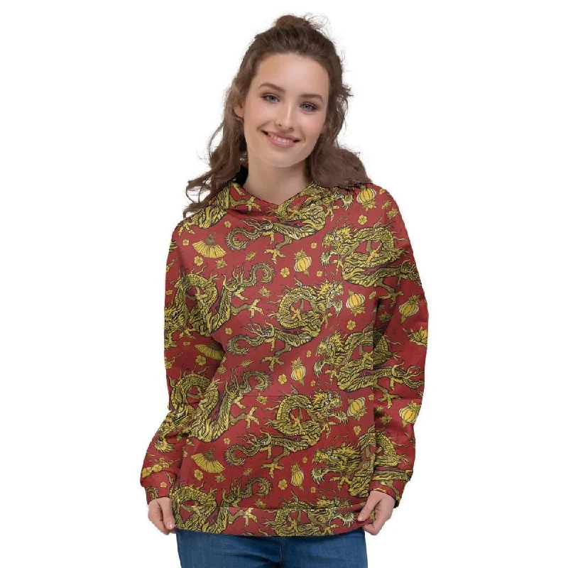 Limited Availability Golden Chinese Dragon Floral Print Women's Hoodie