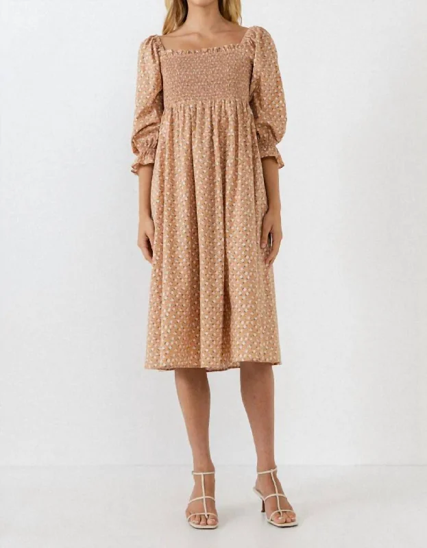 Special Price ruched dressFloral Smocked Midi Dress In Tan Multi