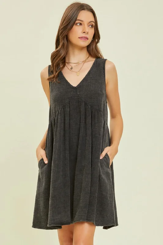 Super Savings printed dressHEYSON Full Size Texture V-Neck Sleeveless Flare Mini Dress