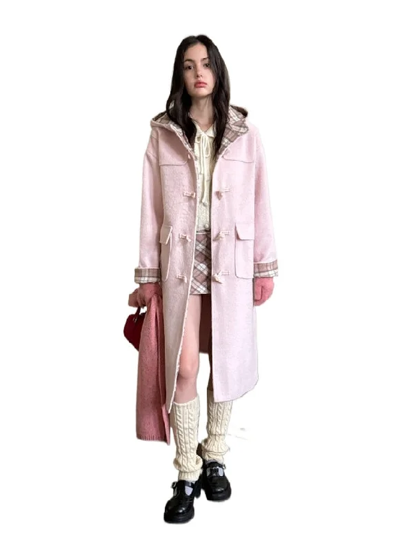 Exclusive Online Offer retro jacketPink & Gray Plaid Patchwork Toggle Long Coat