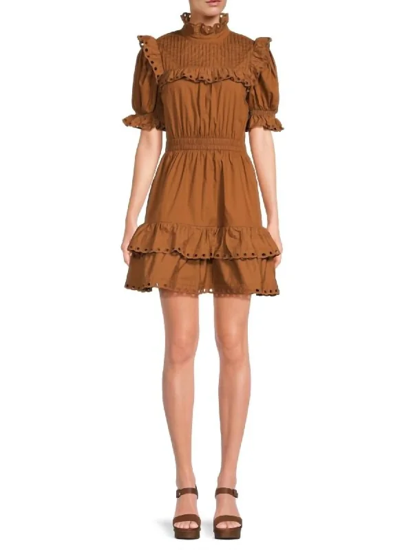 Discount Days vintage dressLace Trim Puff Sleeve Mini Dress In Caramel