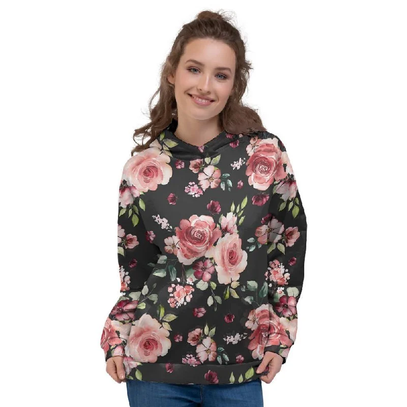 Season Finale Sale Black Pink Rose Flower Print Women's Hoodie