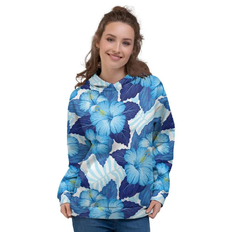 Super Sale Hibiscus Blue Hawaiian Print Women's Hoodie