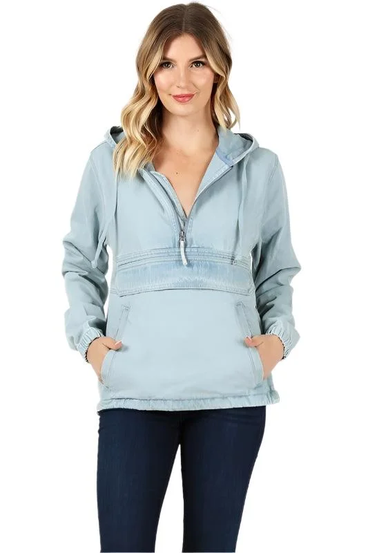 Deal Alert pullover jacketLadies Half Zip Pullover Denim Jean Jacket with Hood