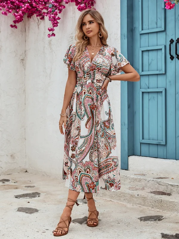 Online Only satin midi dressRuched Printed V-Neck Short Sleeve Dress