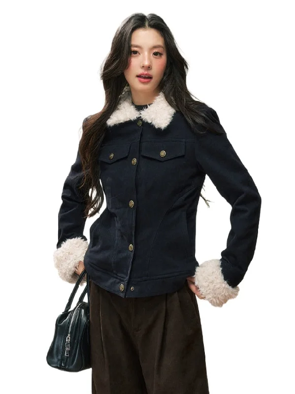 Price Meltdown fashion-forward jacketNavy Blue Fur-Collar Short Jacket