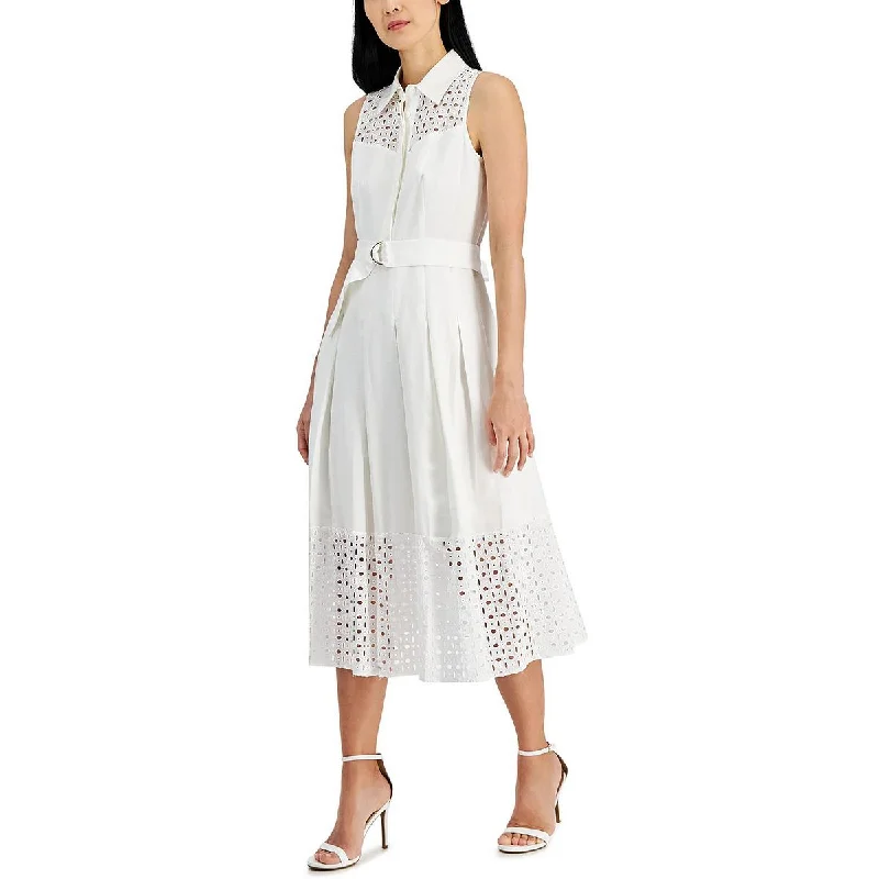 Deep Discounts boho-chic dressAnne Klein Womens Linen Blend Eyelet Midi Dress