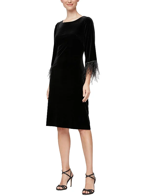 Seasonal Clearance printed dressWomens Velvet Feather Trim Shift Dress