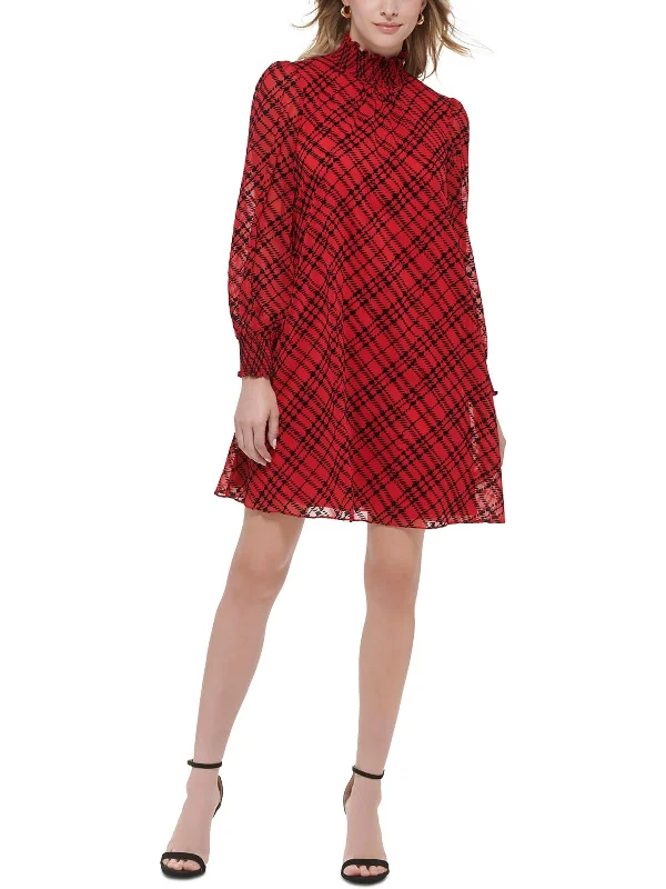 Lowest Prices boho-chic dressPetites Womens Flocked Plaid Mini Dress