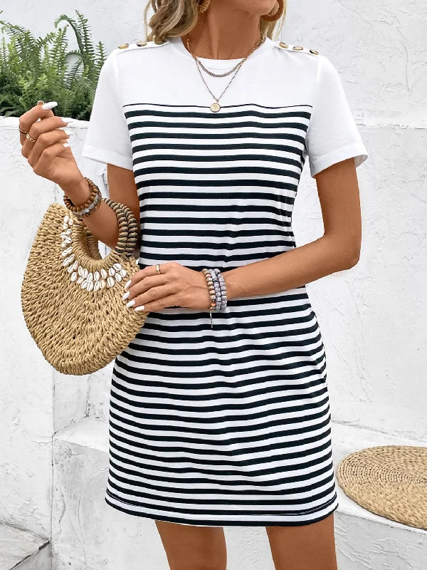 Limited Time Offer backless dressStriped Round Neck Short Sleeve Mini Tee Dress