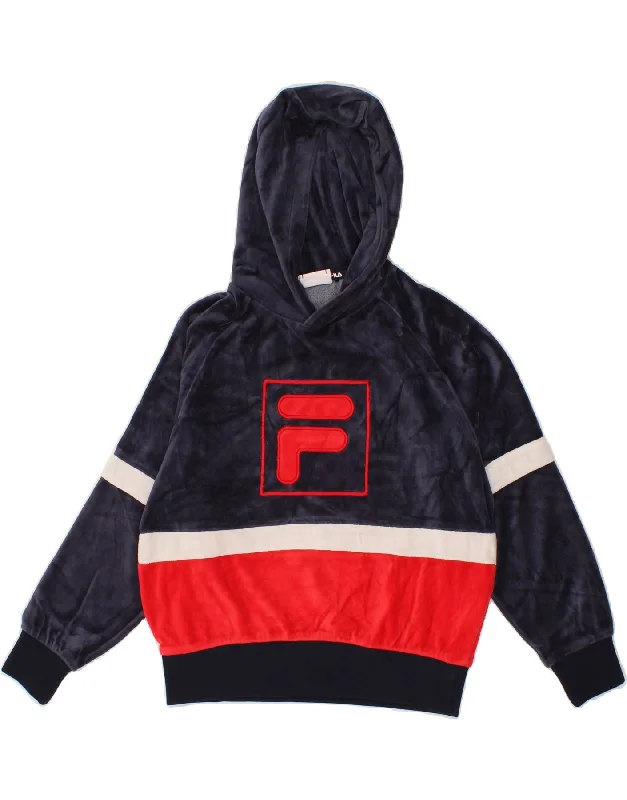 Deal Explosion FILA Girls Graphic Hoodie Jumper 11-12 Years Navy Blue Colourblock Cotton
