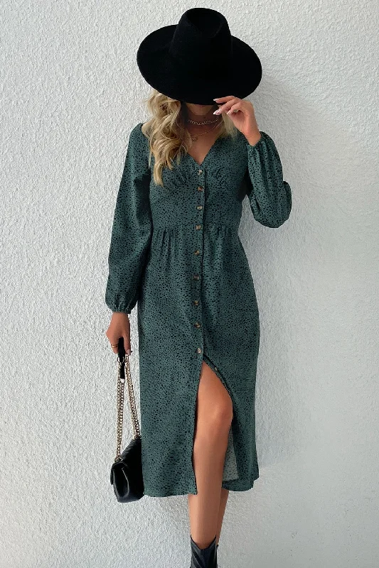 Limited Availability layered dressPrinted Button Down V-Neck Midi Dress