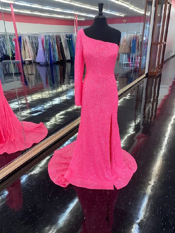 Huge Discounts ashionable dressAmarra 87262 Neon Pink Prom Dress Size 16 One Long Sleeve Prom Dress Slit