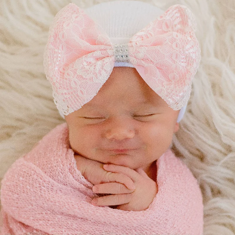 Super Sale luxury dressPink Lace Bow With Silver Rhinestones White Hospital Hat