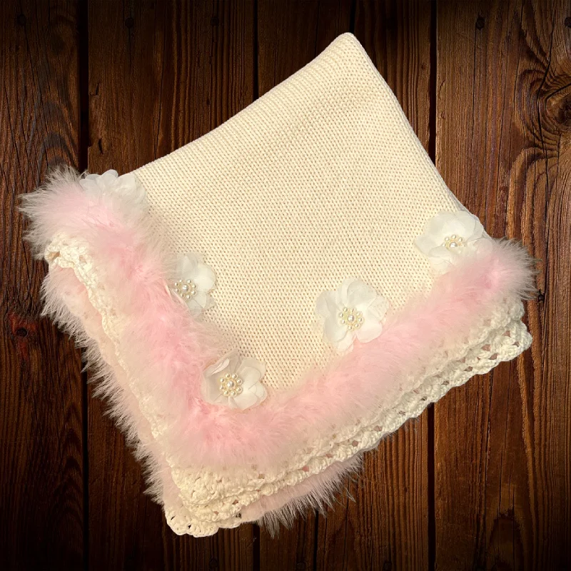 Early Bird Discount wrap dressIvory Crochet Blanket with Marabou Trim