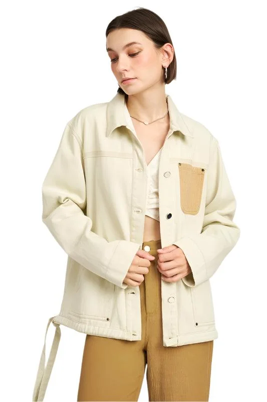 Season Finale Sale breathable jacketContrasted Cream Denim Jean Jacket with Drawstring Waist