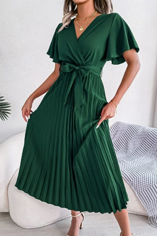 Big Savings flowy evening dressPleated Flutter Sleeve Belted Dress