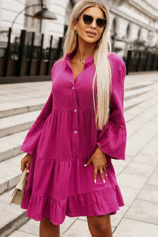 Inventory Reduction velvet dressButtoned Flare Sleeve Tiered Dress