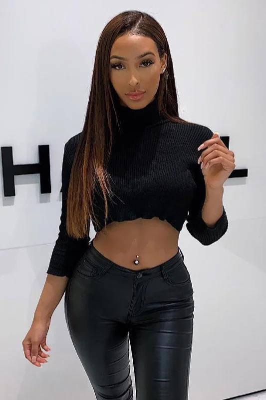 Online Exclusive premium pullover sweatshirtBlack Rib Roll Neck Crop Jumper - Hayvin Online Exclusive premium pullover sweatshirtBlack Rib Roll Neck Crop Jumper - Hayvin