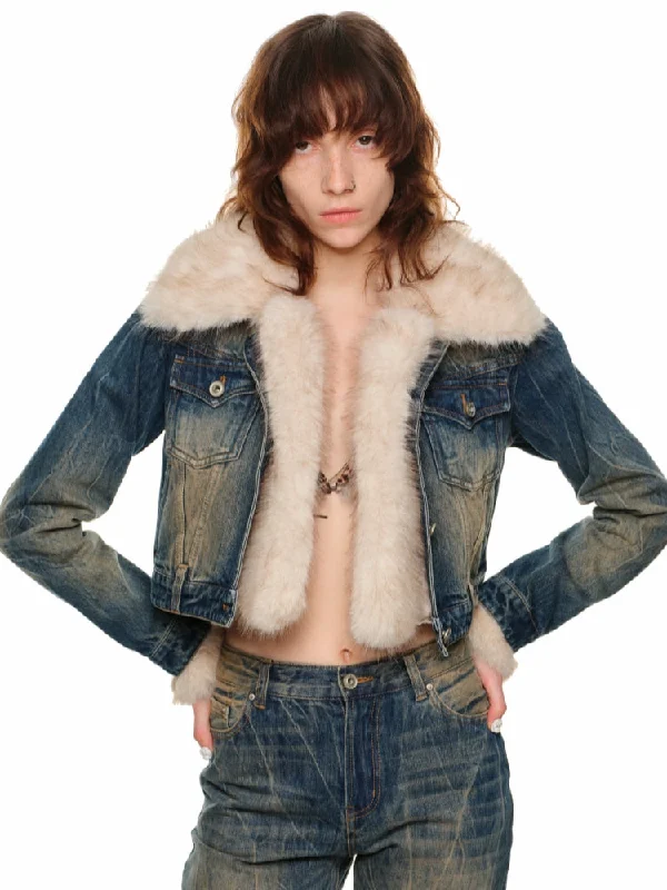 Super Deal vintage puffer jacketDenim Patchwork Removable Lined Jacket