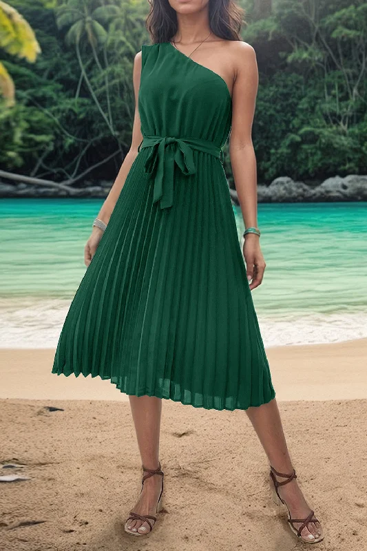 Midnight Sale pleated dressPleated Single Shoulder Tie Waist Midi Dress