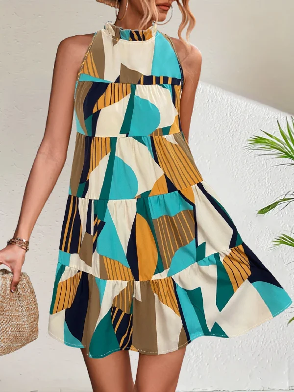 Special Promotion summer dressPrinted Mock Neck Mini Dress