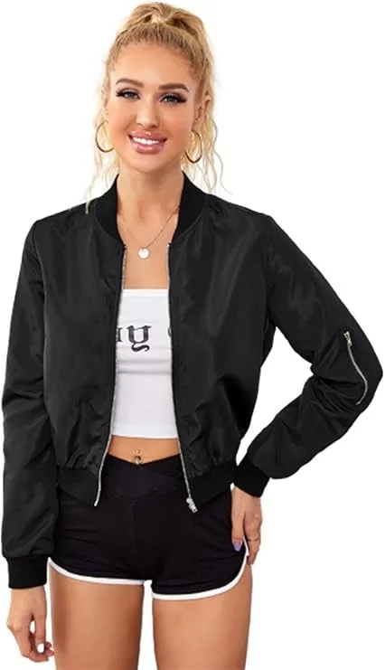 Take Advantage trendy coat jacketWomens Black Bomber Jacket with Sleeve Zipper
