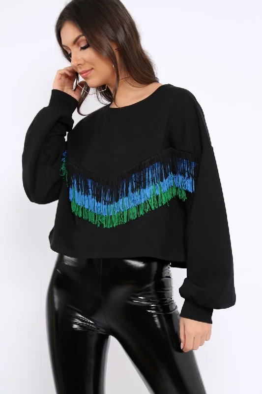While Supplies Last breathable pullover sweatshirtBlack Tassel Front Cropped Jumper - Cosima