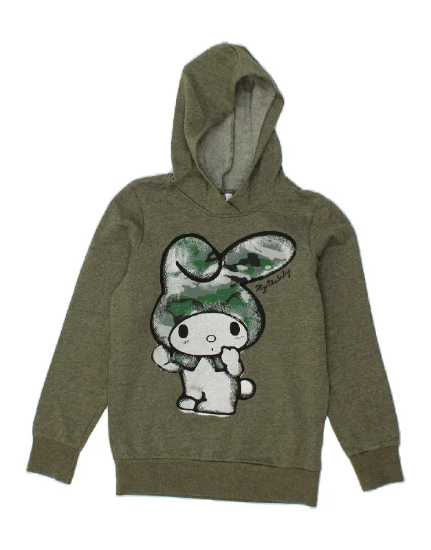 Flash Deals BENETTON Girls Graphic Hoodie Jumper 13-14 Years 2XL Khaki Polyester