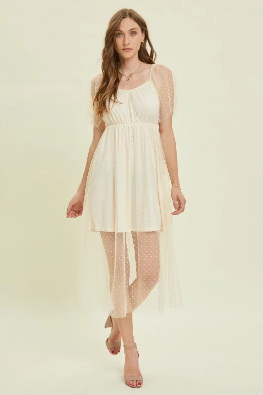 Instant Discount casual day dressHEYSON  Heart Mesh Flare Sleeve Midi Dress