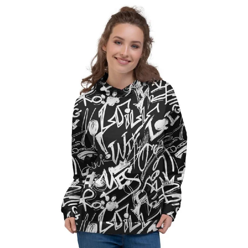 Crazy Deals Black And White Graffiti Doodle Text Print Women's Hoodie