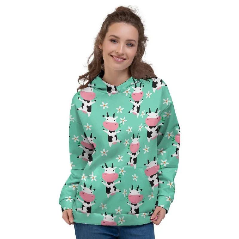New Deals Cute Cow Floral Print Women's Hoodie