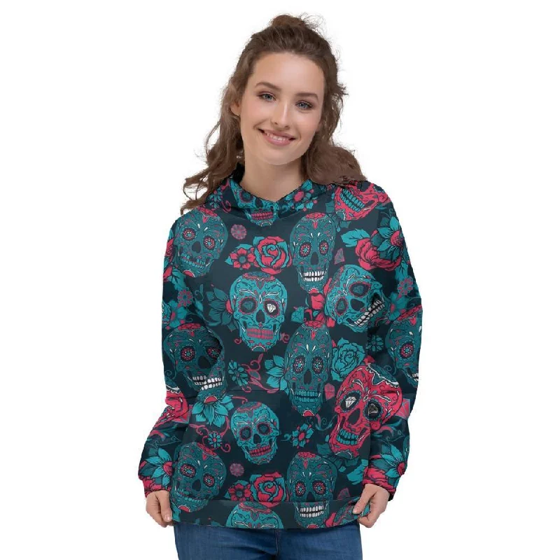 Exclusive Deal Blue And Red Floral Sugar Skull Women's Hoodie