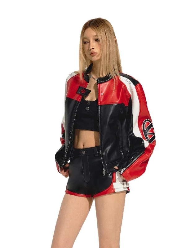 Today’s Deal graphic jacketEmbroidered Zip Short Contrast-Color Moto Jacket