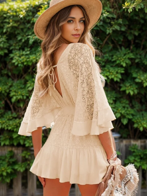 Special Discount A-line dressLace Cutout Half Sleeve Mini Dress
