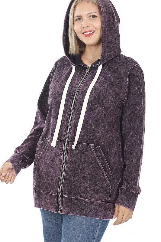 Deal Frenzy athletic jacketPlus Size Mineral Wash Zipper Hoodie Jacket