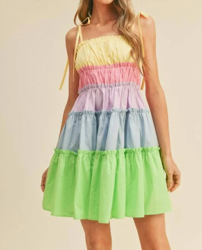 Last Chance ruched dressTiered Color Block Mini Dress In Limeade Multi